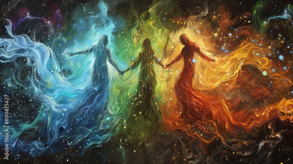 Poster beyond the mortal realm in a realm of pure energy four beings floated gracefully each with a differe