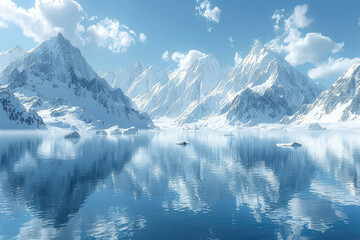  Snowy mountains surrounded by ice and snow, a frozen lake in the middle. Created with Ai