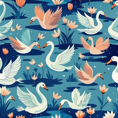 Obraz premium Seamless pattern of graceful swans gliding across a tranquil pond, Generative AI