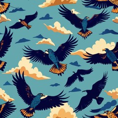 Seamless pattern of majestic eagles soaring high in the sky, Generative AI