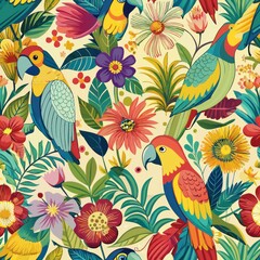 Seamless pattern of playful parrots squawking among vibrant flowers, Generative AI