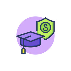Graduation cap and shield line icon. Education, safety, checkmark outline sign. Insurance and protection concept. Vector illustration for web design and apps