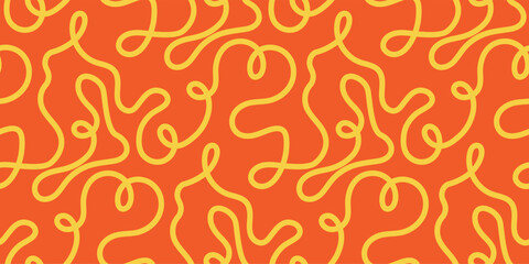 Noodle pasta seamless pattern vector background. Spaghetti curvy doodle pattern, Italian pasta background. Chinese abstract noodle, ramen design yellow food wallpaper. Vector illustration