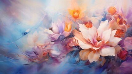 A symphony of vibrant hues blooms from the brush, merging and mingling in a mesmerizing dance of light and shadow on the pure white surface.