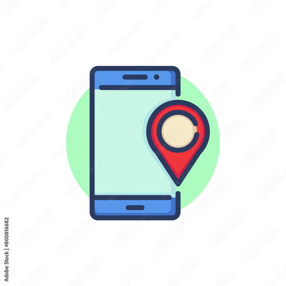 Poster location app thin line icon. mobile phone, cellphone, destination pointer outline sign. communicatio