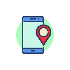 Location app thin line icon. Mobile phone, cellphone, destination pointer outline sign. Communication, navigator concept. Vector illustration for web design and apps