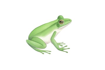 A green frog sits on a white background. The frog is looking to the right of the frame. Its mouth is closed and its eyes are open. The frog's skin is smooth and shiny.
