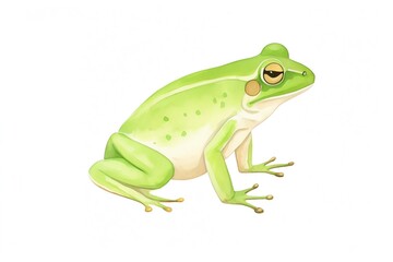 Obraz premium A watercolor painting of a green frog sitting on a white background. The frog is looking to the right of the frame.
