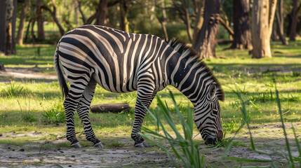 Zebra feeding, eating grass.
