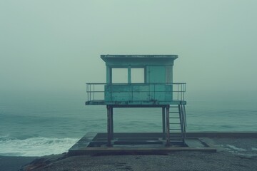 A scenic view of a lifeguard tower with the ocean in the backdrop, designed in a style vintage.