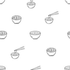 Seamless pattern Soup with noodles, eggs, and shrimp in a bowl. Vector illustration of Asian cuisine, doodle icons for restaurant menus.