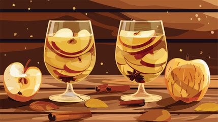 Tasty apple drink with cinnamon in glasses on wooden