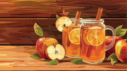 Tasty apple drink with cinnamon in glasses on wooden