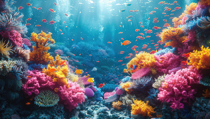 An underwater scene of vibrant coral reefs, with colorful marine life swimming among the flowers and plants. Created with Ai