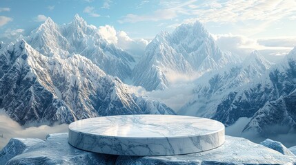 Photo of a flat marble podium with nature landscape in the background for product presentation