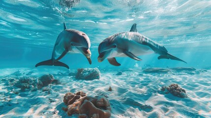 An underwater wonderland, where playful dolphins leap through crystal-clear waves  