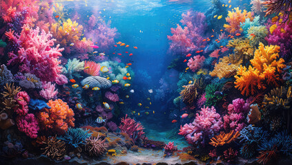 Naklejka na ściany i meble A vibrant coral reef teeming with colorful marine life, showcasing the beauty of underwater worlds and highlighting key themes for World Wildlife Day. Created with Ai