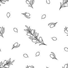 Seamless pattern sea buckthorn branches. Vector illustration of a healing edible berry. Background wallpaper