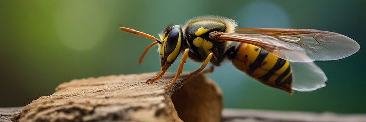 The wasp is sitting on green leaves. The dangerous yellow-and-black striped common Wasp sits 