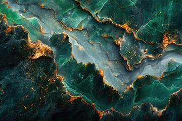 A top-down view of dark green and gold marble, resembling the surface texture of an ocean planet with veins of molten rock. Created with Ai