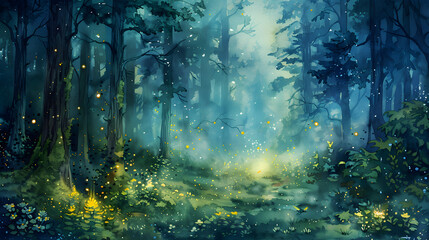 A twilight-lit forest glade with fireflies, ancient trees, moss, and wildflowers, enchanted by delicate watercolor strokes and a sense of wonder.