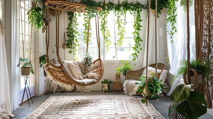 A bohemian sunroom with hanging plants and a rattan swing chair