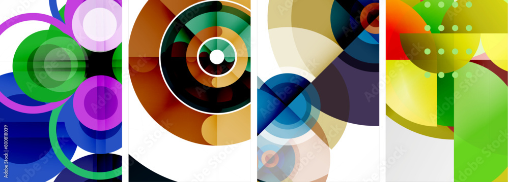 Poster a vibrant collage of colorful circles and triangles in electric blue and yellow on a white backgroun