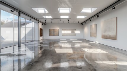 A contemporary art studio with skylights and a polished concrete floor