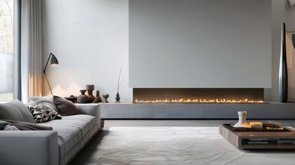 Naklejka premium The long linear design of the gas fireplace makes it the perfect addition to a minimalist and chic interior. 2d flat cartoon.