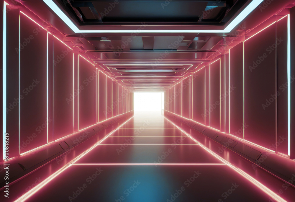 Aufkleber '3d render abstract geometric neon background empty room futuristic wall panels glowing square frame