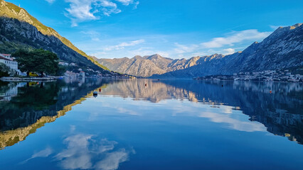 Panoramic view of bay of Kotor on sunny summer day at Adriatic Mediterranean Sea, Montenegro,...