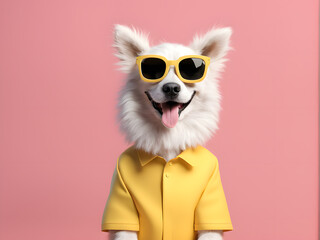 A dog wearing sunglasses and a yellow shirt is smiling