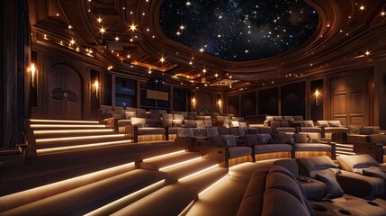 A luxurious home theater with tiered seating and a starry ceiling