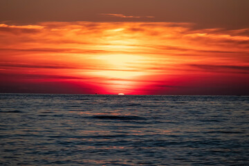 Panoramic sunset view from Sveti Stefan at Adriatic Mediterranean Sea, Budva Riviera, Montenegro,...