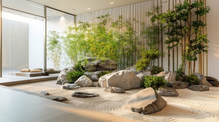 A minimalist meditation space with a rock garden and bamboo accents