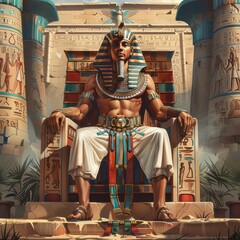 Egyptian king sitting on a throne in ancient oasis