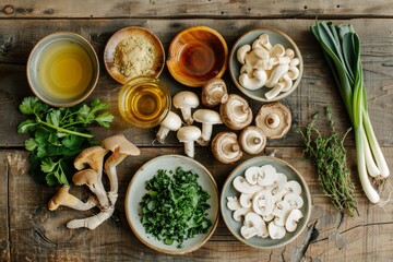 7 mushroom and root types on table for healing soup