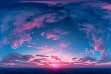 360 degree HDRI panorama of dark blue and pink sky with clouds for 3D graphics or game development