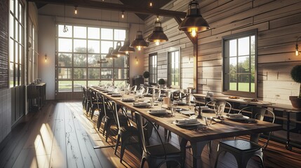 A modern farmhouse dining room with a long communal table and industrial lighting