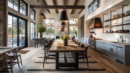 A modern farmhouse dining room with a long communal table and industrial lighting