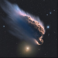 A comet with a brilliant tail sweeps through the dark expanses of space