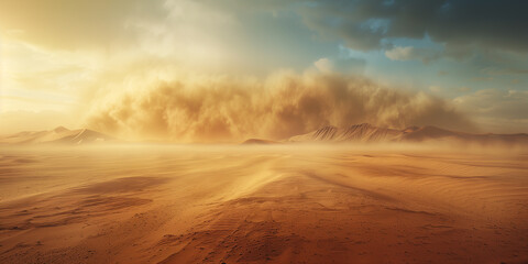 The golden hour light a desert scene, where a fierce sandstorm rolls over the dunes under a sky of dramatic, sunlit clouds.