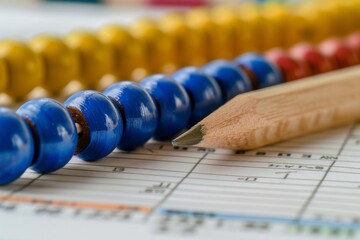 Accessories for mental arithmetic abacus pencil paper on table