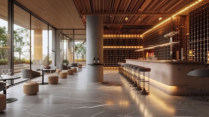 A modern wine tasting room with floor-to-ceiling racks and a tasting bar