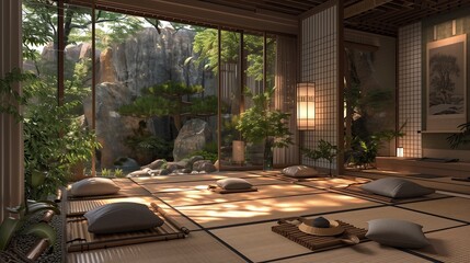 A serene Japanese-inspired living space with tatami mats and a Zen garden view