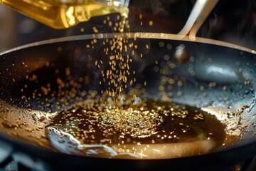 Adding sesame oil to the skillet