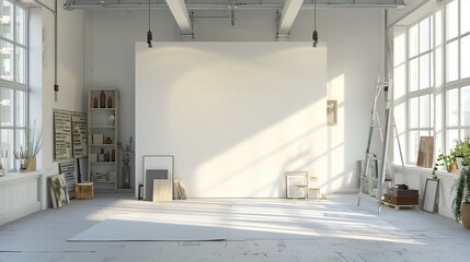 A sleek art studio with natural lighting and a clean, white canvas