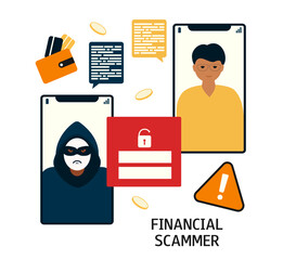 Telephone fraud. Man on the phone screen and scrammer. Concept of cyber crime, data hacking. Vector flat illustration isolated on white background.