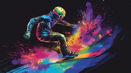 Dynamic snowboarder silhouette depicted in colorful art sticker, Ai Generated