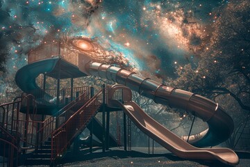 A playground in a galaxy cluster, where each slide leads to a different galaxy